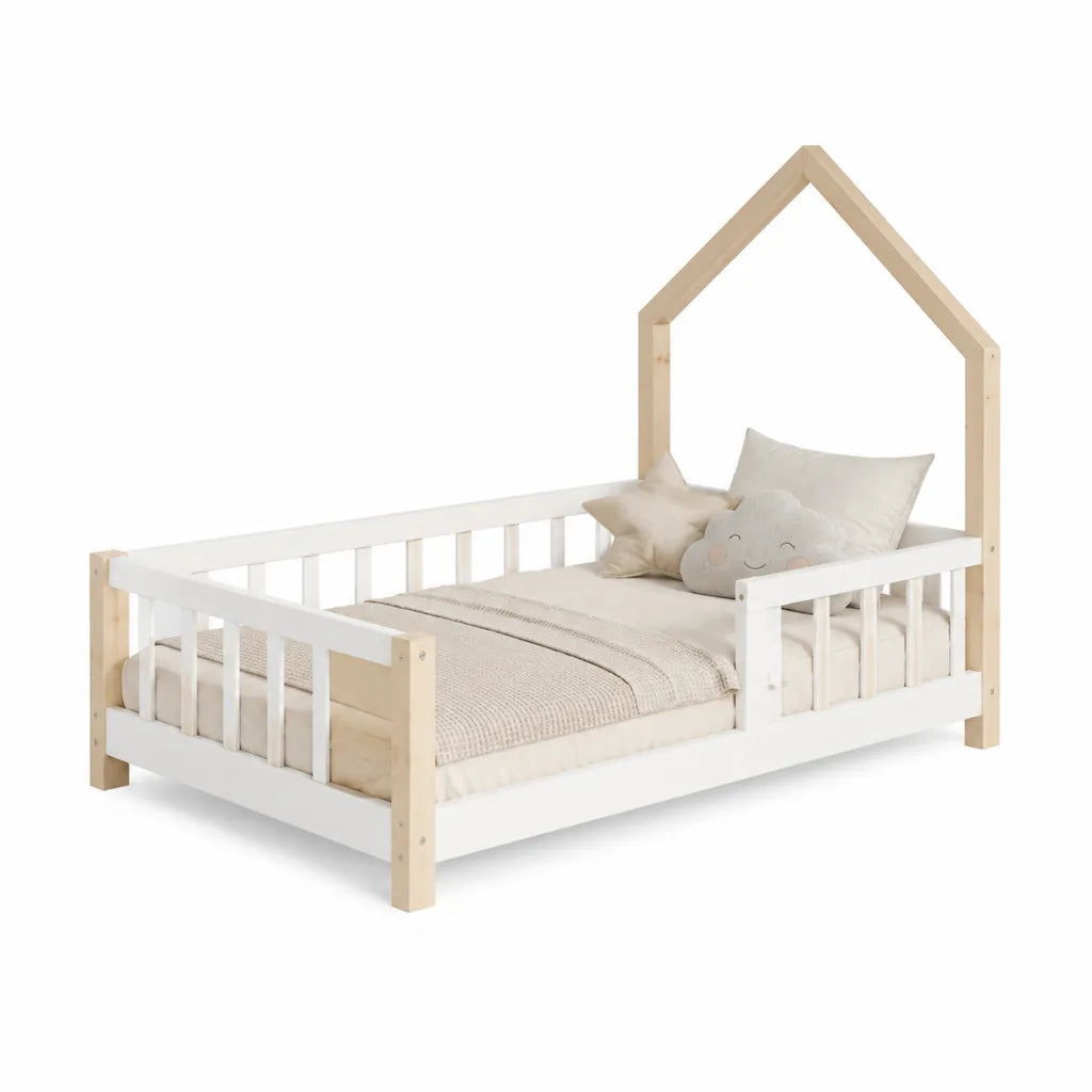 Lit cabane enfant 90 x 190 cm en bois massif de pin blanc et naturel
