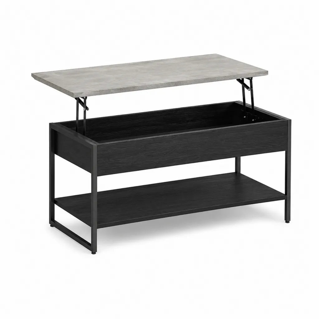 Table basse relevable rectangulaire avec rangement 100 x 50 x 45 cm en panneaux MDF noir et gris