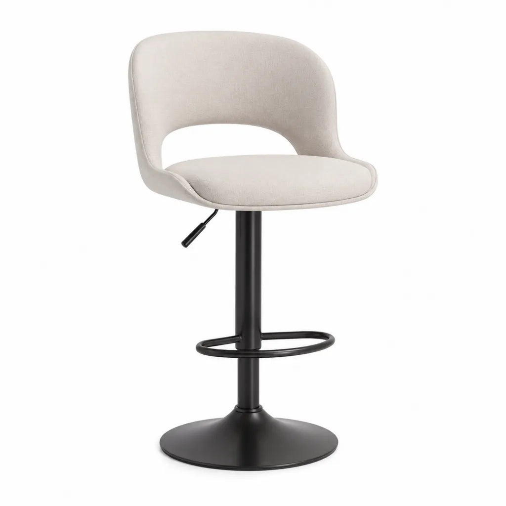 Tabouret de bar réglable avec dossier incurvé en polyester écru et acier noir 54 x 54 x 88-109 cm