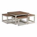 Ensemble table basse carrée 5 pièces en acacia massif marron et blanc 100 x 100 x 45 cm avec 4 tabourets 45 x 45 x 30 cm