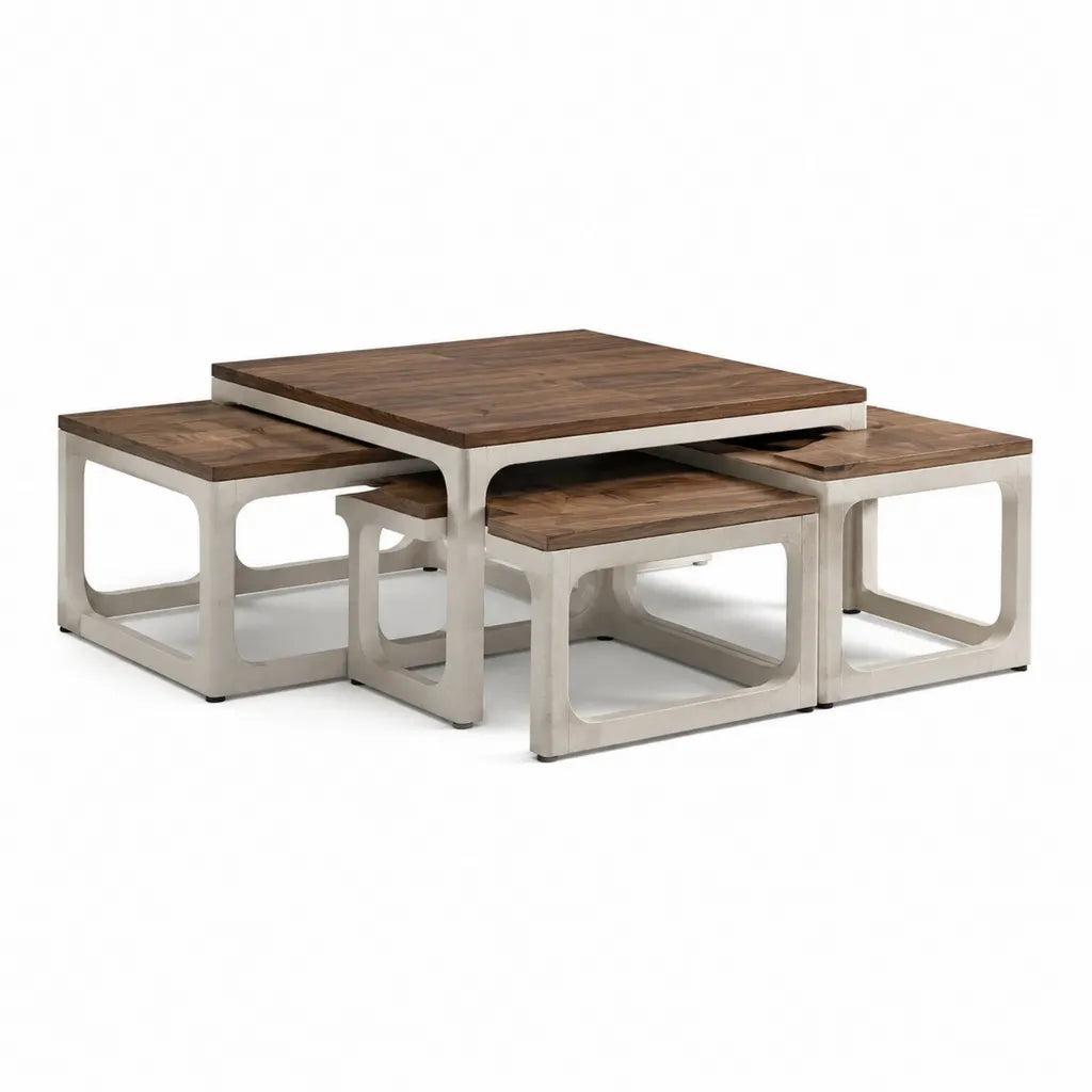 Ensemble table basse carrée 5 pièces en acacia massif marron et blanc 100 x 100 x 45 cm avec 4 tabourets 45 x 45 x 30 cm