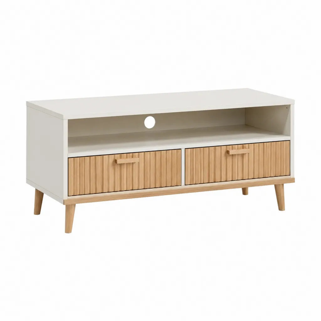 Table basse meuble TV 110 x 40 x 55 cm en panneaux de particules blancs et portes effet chêne