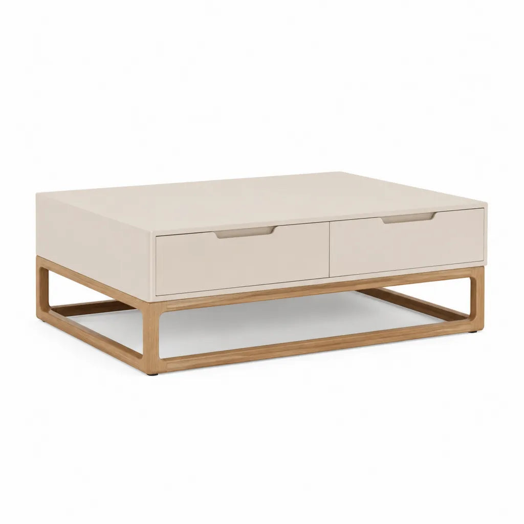 Table basse rectangulaire 100 x 60 x 35 cm avec 2 tiroirs en MDF laqué beige et chêne massif naturel