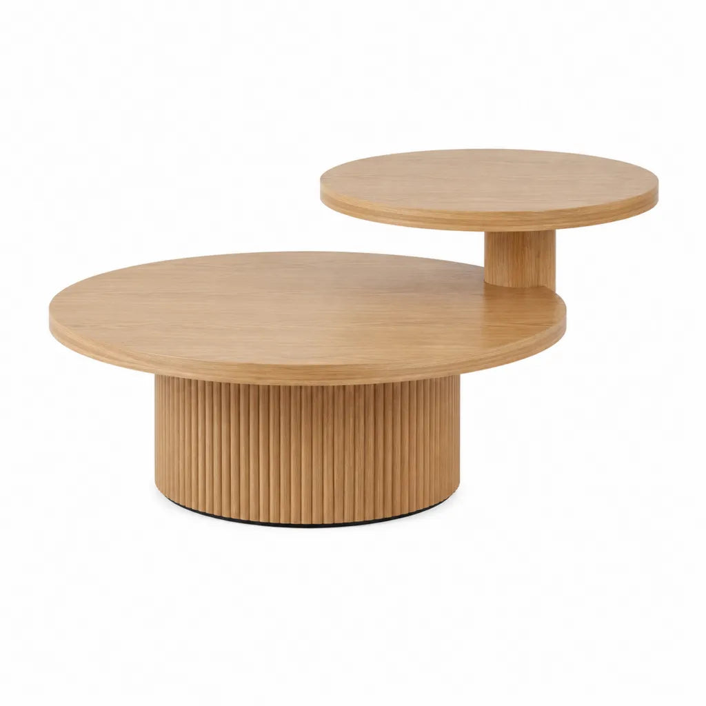 Table basse ronde à deux plateaux en MDF plaqué chêne naturel 90 x 60 cm