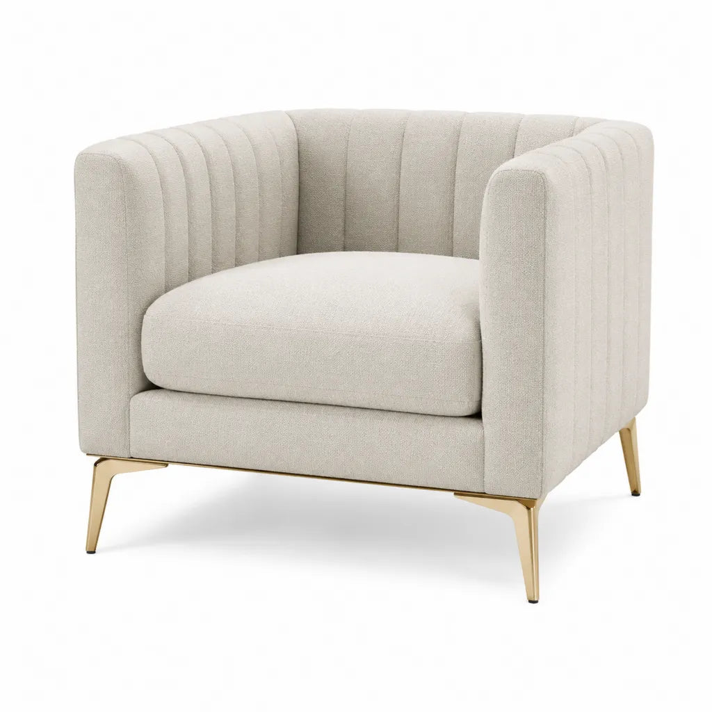 Fauteuil de salon capitonné 85 x 82 x 78 cm en polyester écru avec pieds en acier doré
