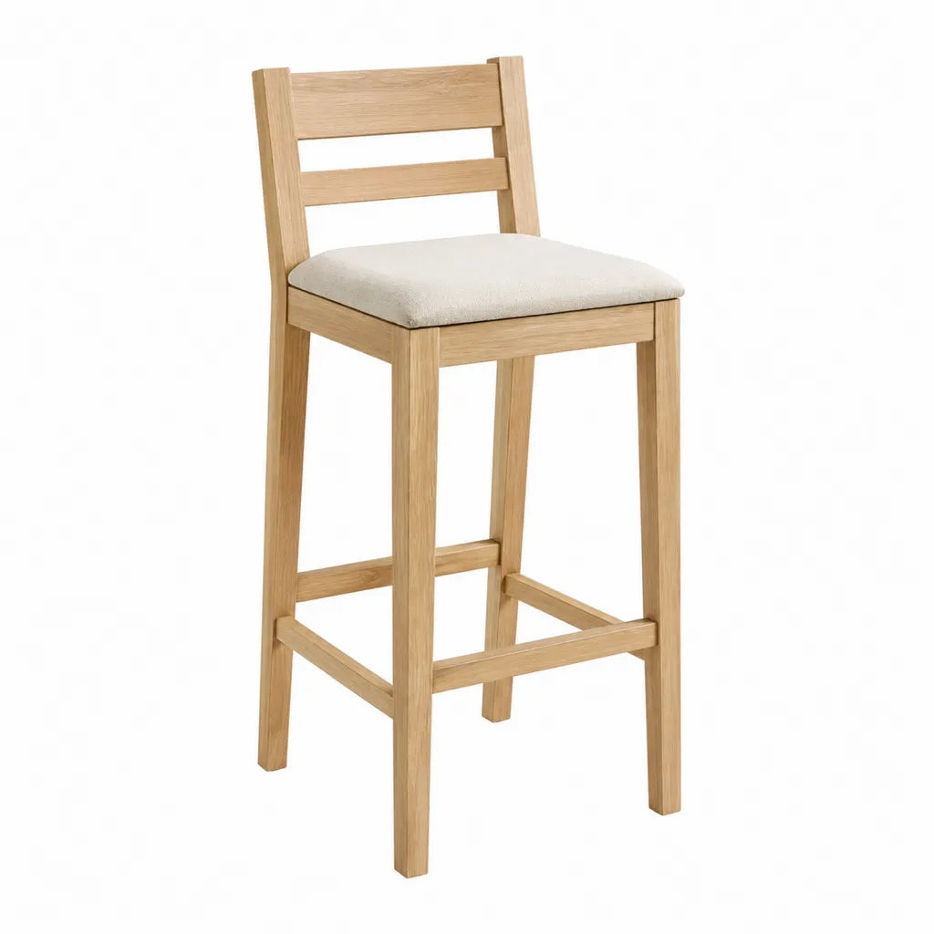 Tabouret de bar avec dossier en bois massif naturel et siège rembourré beige 41 x 48 x 101 cm