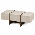Table basse rectangulaire 120 x 60 x 35 cm en panneaux MDF décor travertin beige et noyer brun