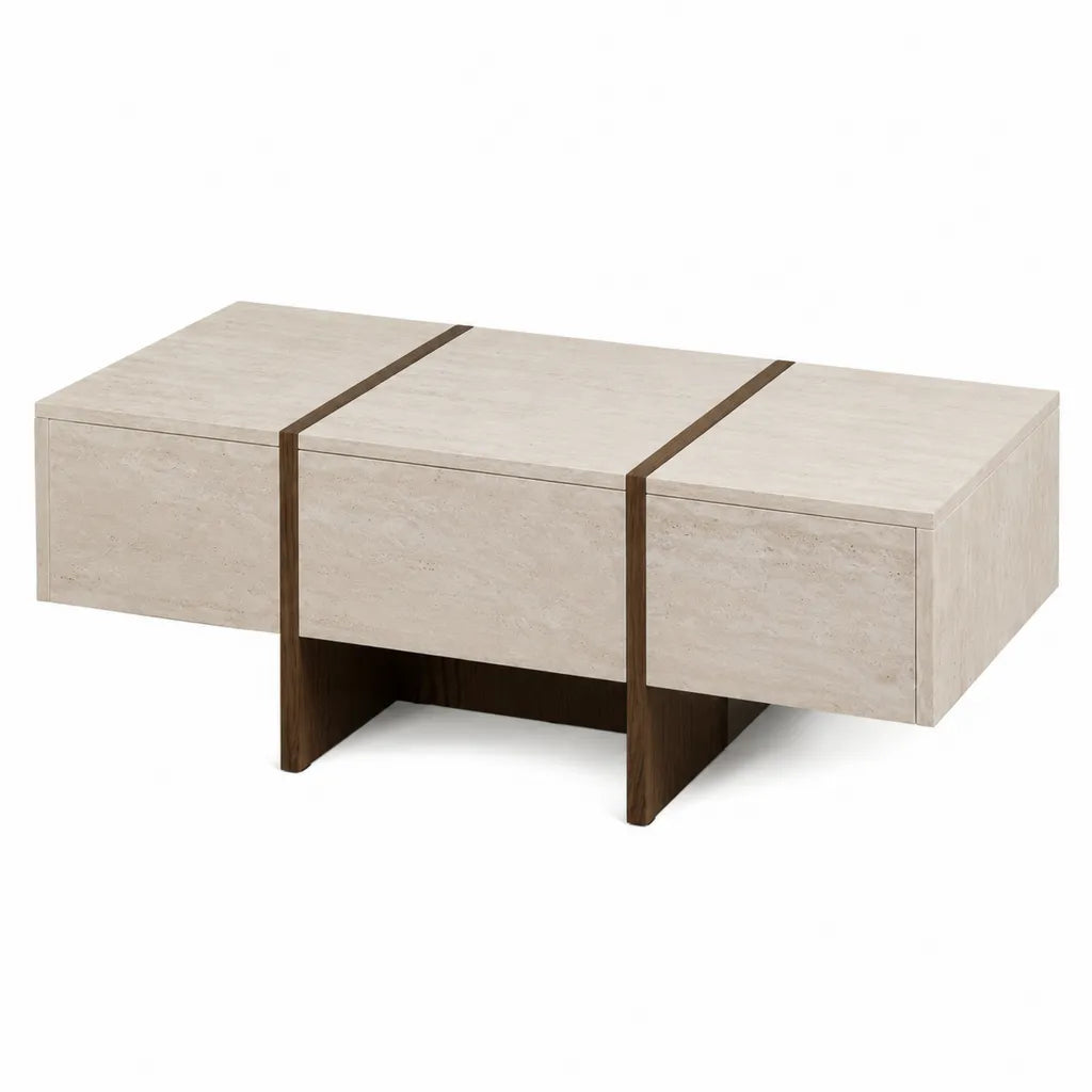Table basse rectangulaire 120 x 60 x 35 cm en panneaux MDF décor travertin beige et noyer brun