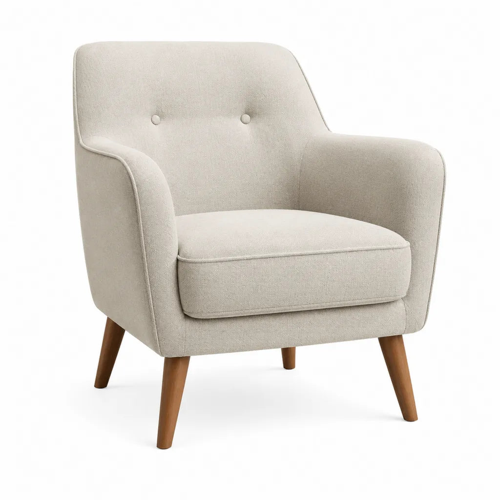 Fauteuil de salon enveloppant en polyester beige avec pieds en hévéa massif 75 x 78 x 86 cm