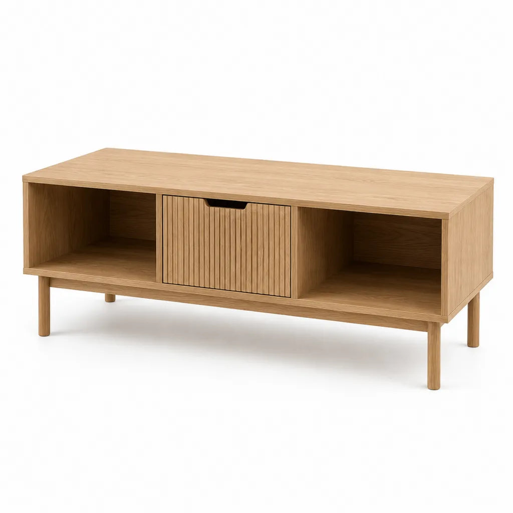 Table basse rectangulaire en panneaux MDF plaqués chêne naturel avec rangement 120 x 40 x 50 cm