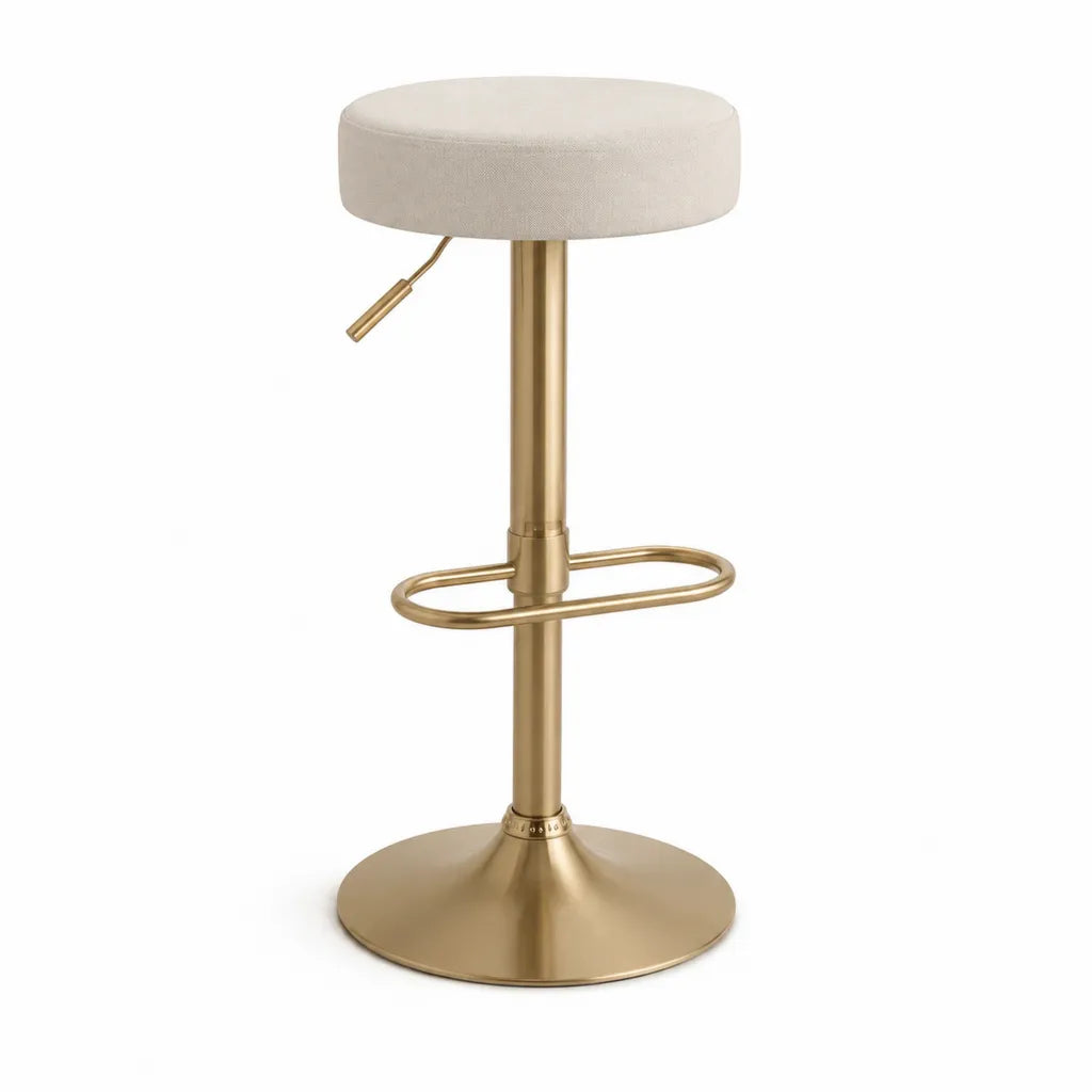 Tabouret de bar réglable rond en polyester crème et acier doré 38 x 62-84 cm