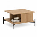 Table basse carrée 90 x 90 x 45 cm en panneaux MDF plaqués chêne avec étagère et pieds en acier noir