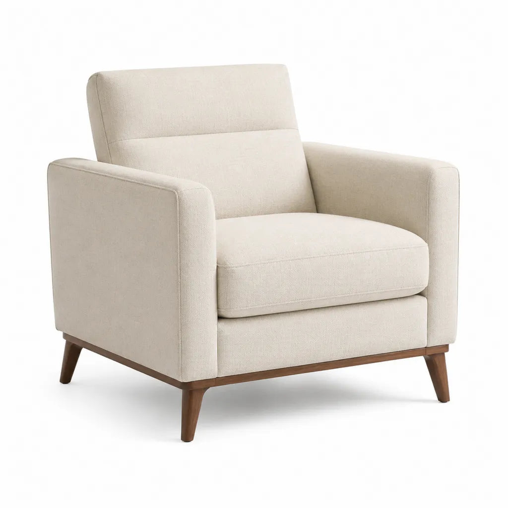 Fauteuil de salon rembourré à accoudoirs forme rectangulaire beige crème en polyester avec pieds en bois d'hévéa 82 x 78 x 88 cm