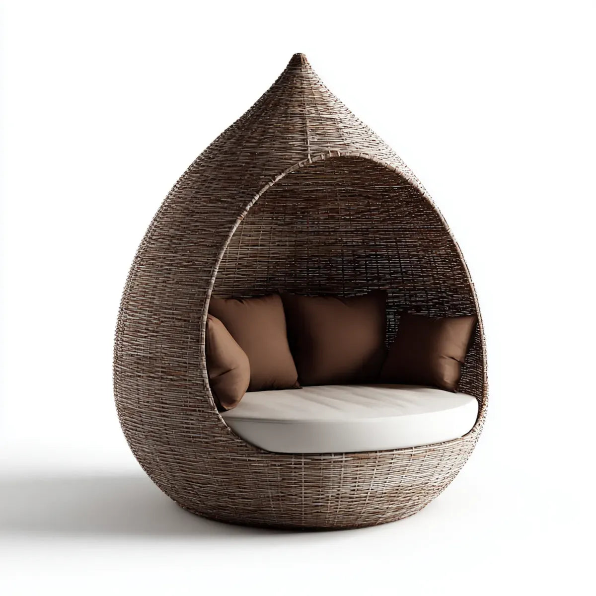 Bain de soleil cocon rond en résine tressée marron 120 x 110 x 190 cm avec coussins