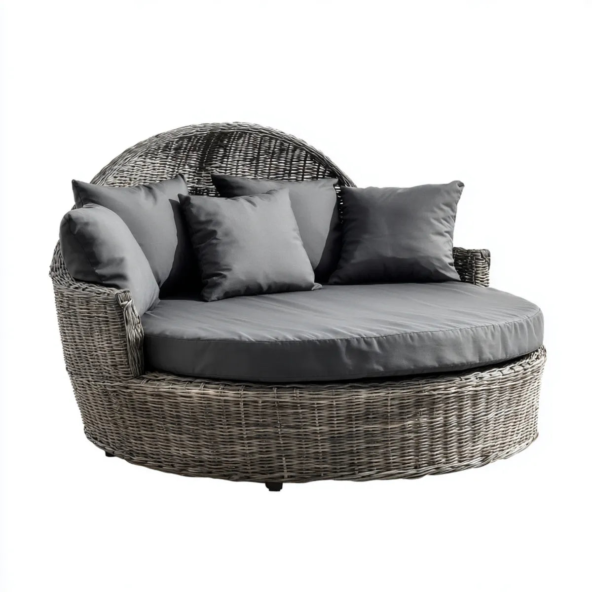Bain de soleil rond gris en résine tressée avec coussins 170 x 170 x 90 cm