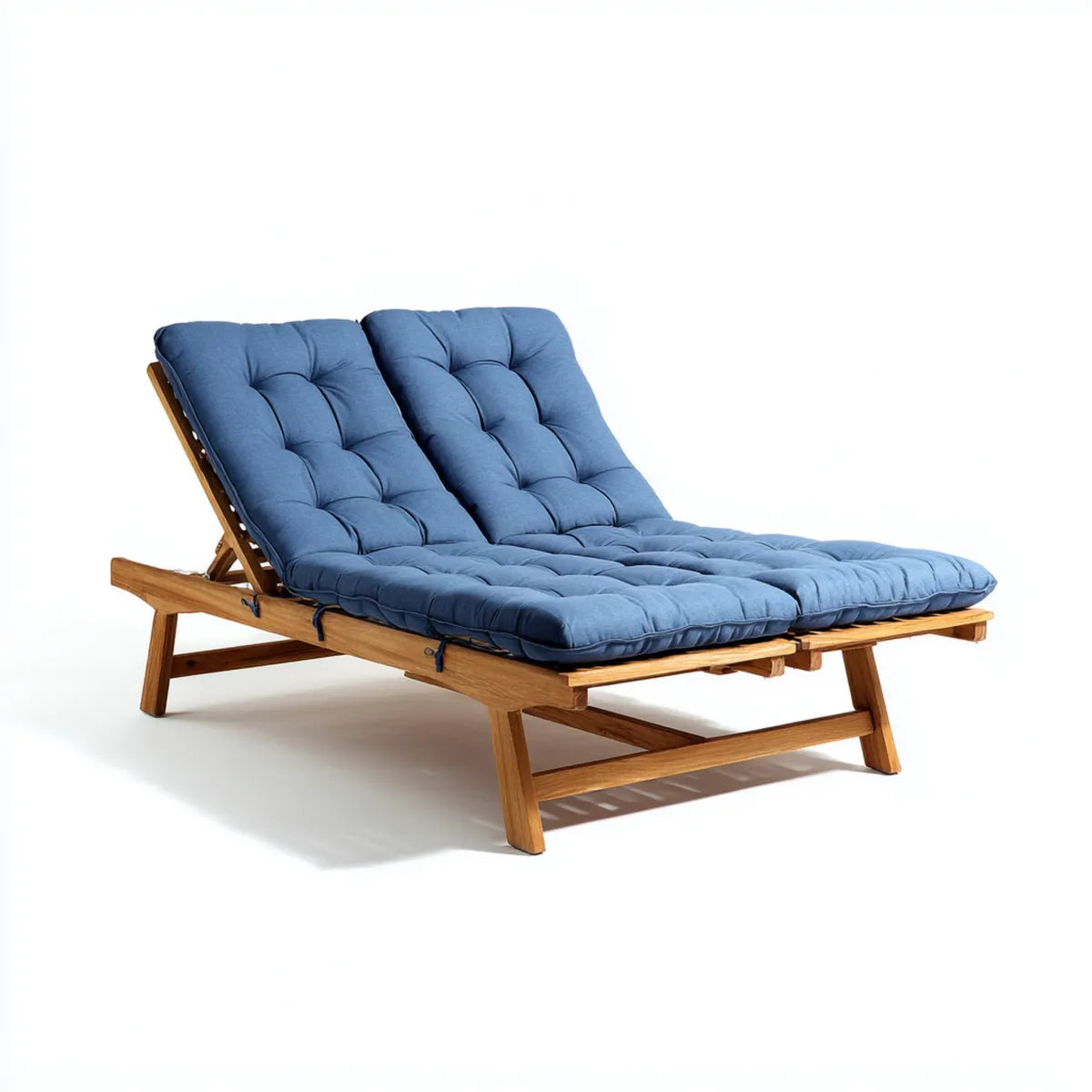 Bain de soleil double inclinable bleu 200 x 120 cm en bois massif avec coussins en polyester