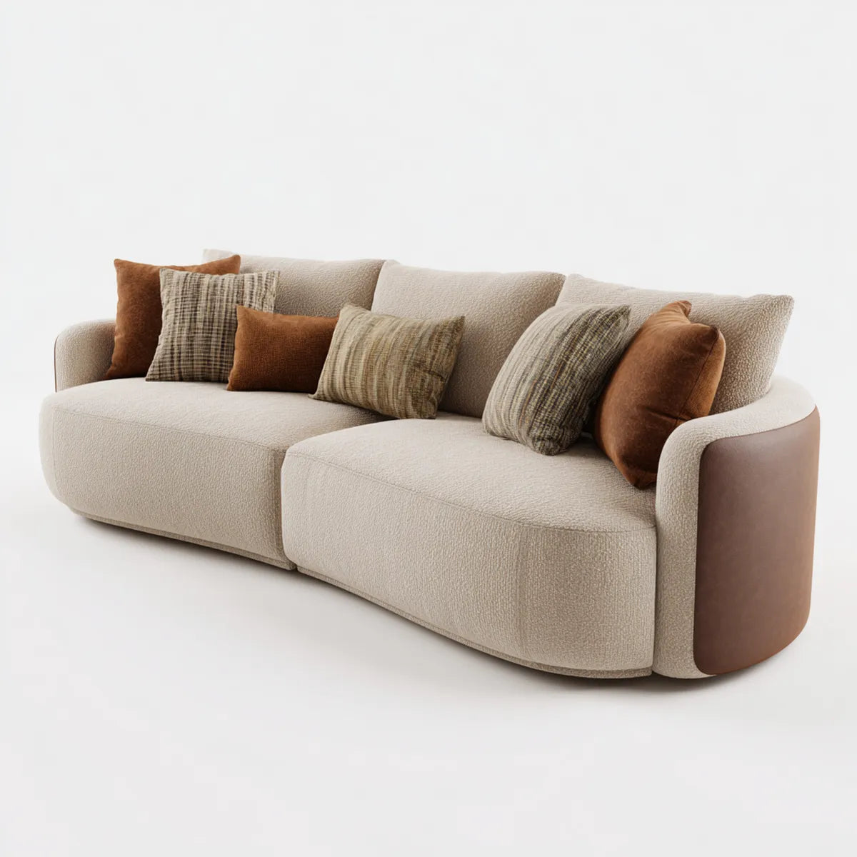 Canapé 3 places beige et marron 230 x 100 x 82 cm en polyester bouclé et PU forme arrondie