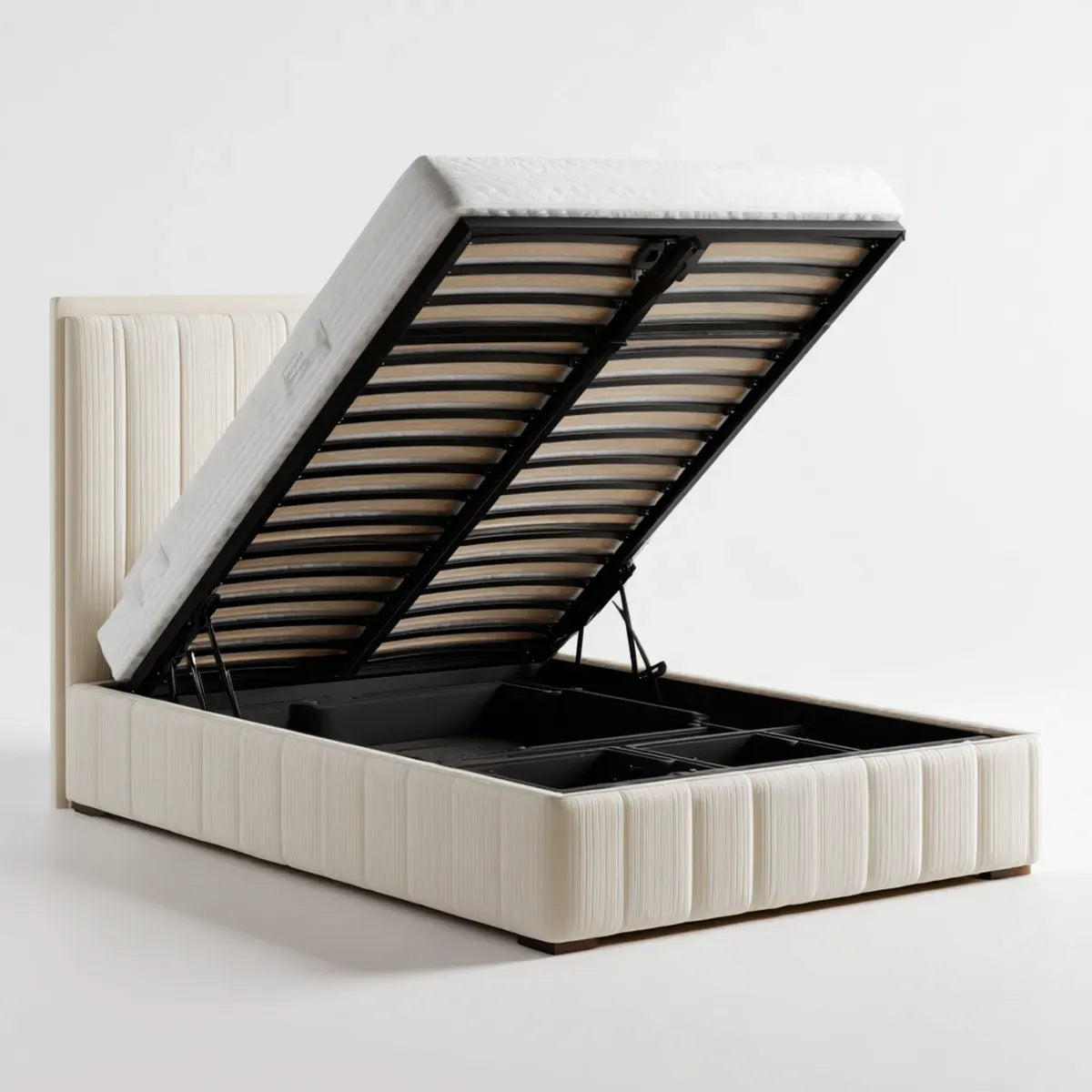 Lit coffre 160 x 200 cm beige en polyester avec tête de lit capitonnée