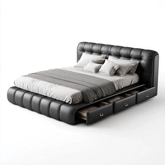 Lit coffre avec 3 tiroirs noir en cuir synthétique PU 160 x 200 cm