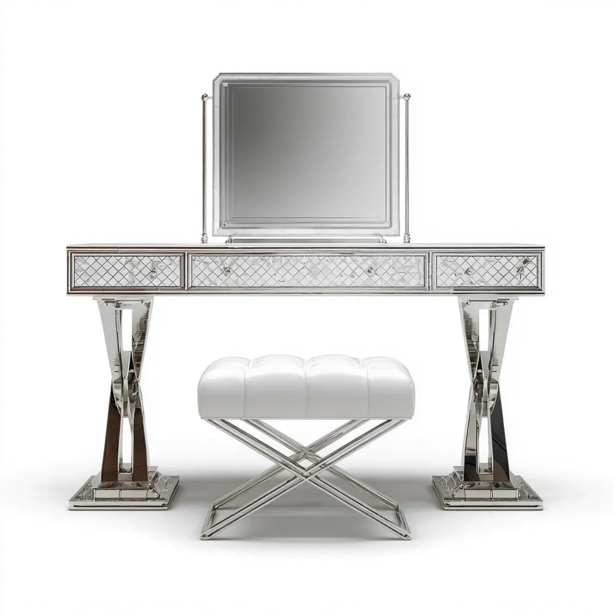 Coiffeuse avec miroir et tabouret blanc argenté 120 x 40 x 78 cm verre miroir MDF acier inoxydable rectangulaire