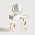 Coiffeuse blanche avec miroir rond pivotant 80 x 40 x 135 cm en MDF et acier doré
