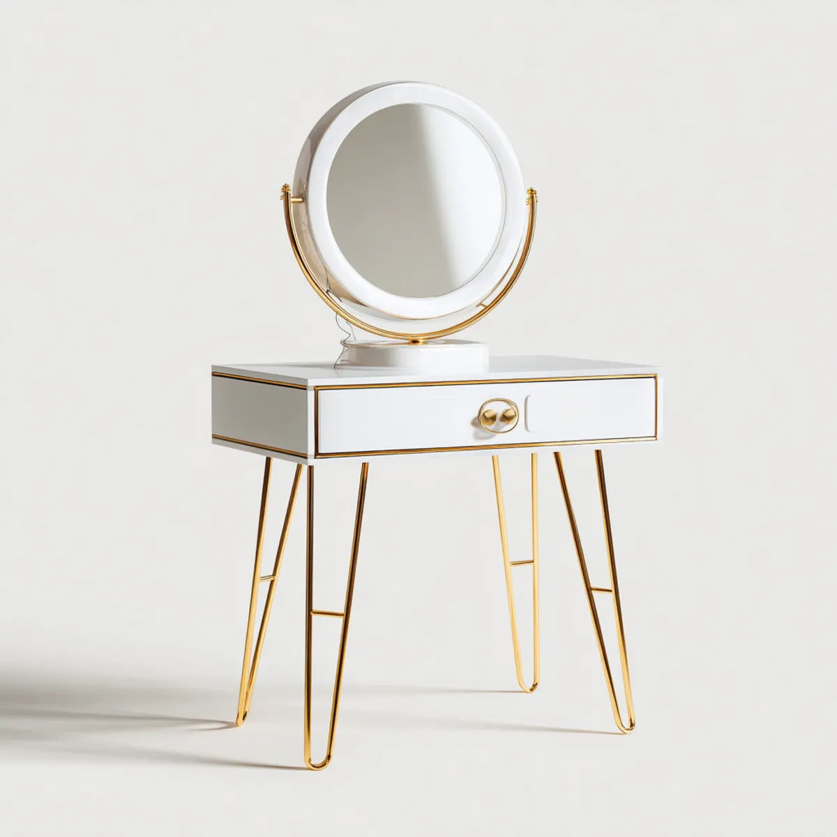 Coiffeuse blanche avec miroir rond pivotant 80 x 40 x 135 cm en MDF et acier doré