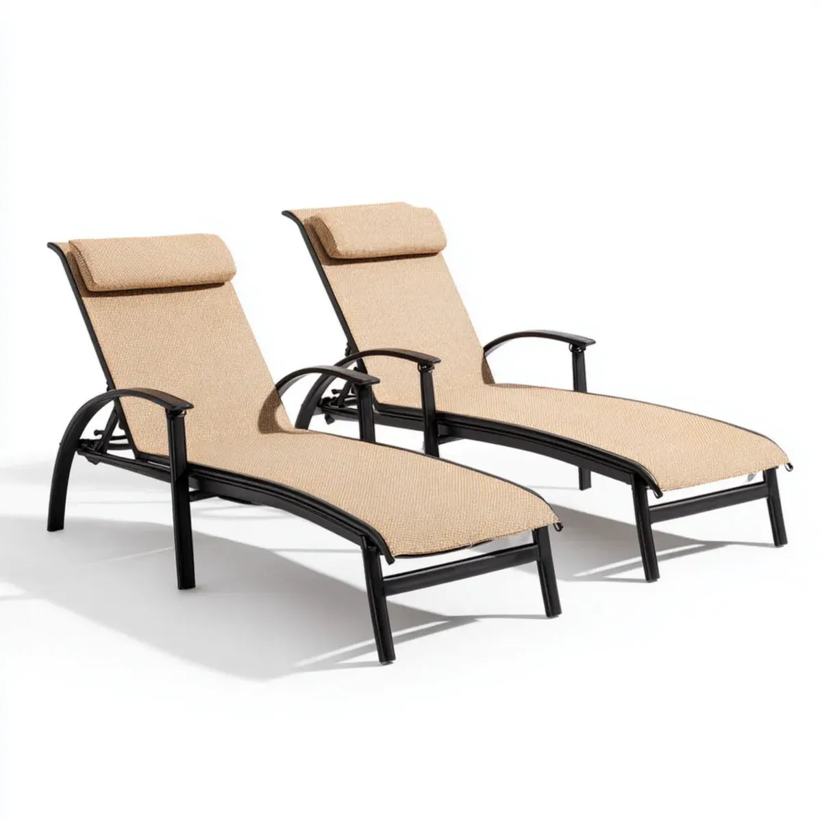 Lot de 2 bains de soleil inclinables beige et noir avec repose-tête en textilène et acier 190 x 62 x 98 cm