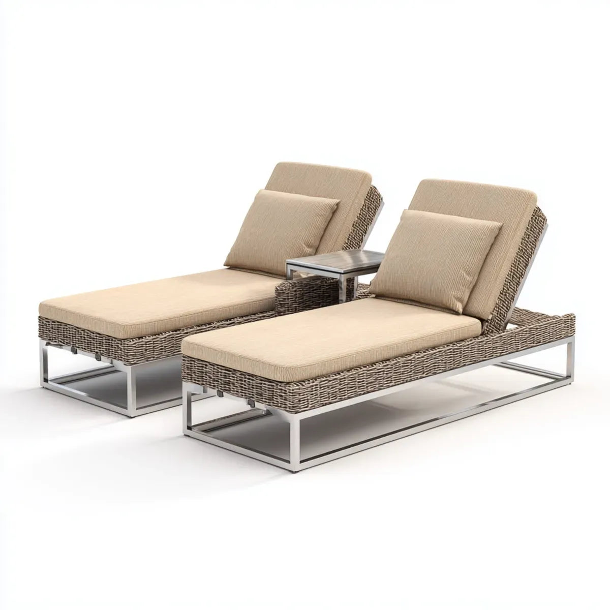 Ensemble de 2 bains de soleil inclinables rectangulaires beige en résine tressée PE avec table d'appoint 200 x 75 x 35 cm