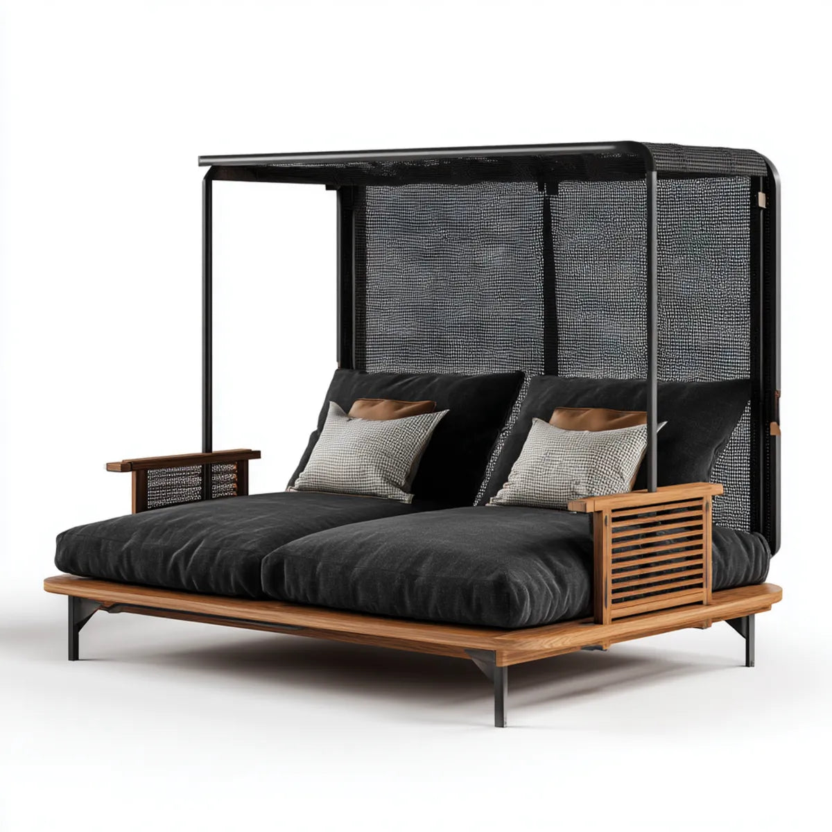 Lit de jardin double avec baldaquin noir et naturel 200 x 140 x 200 cm en acacia acier et polyester rectangulaire