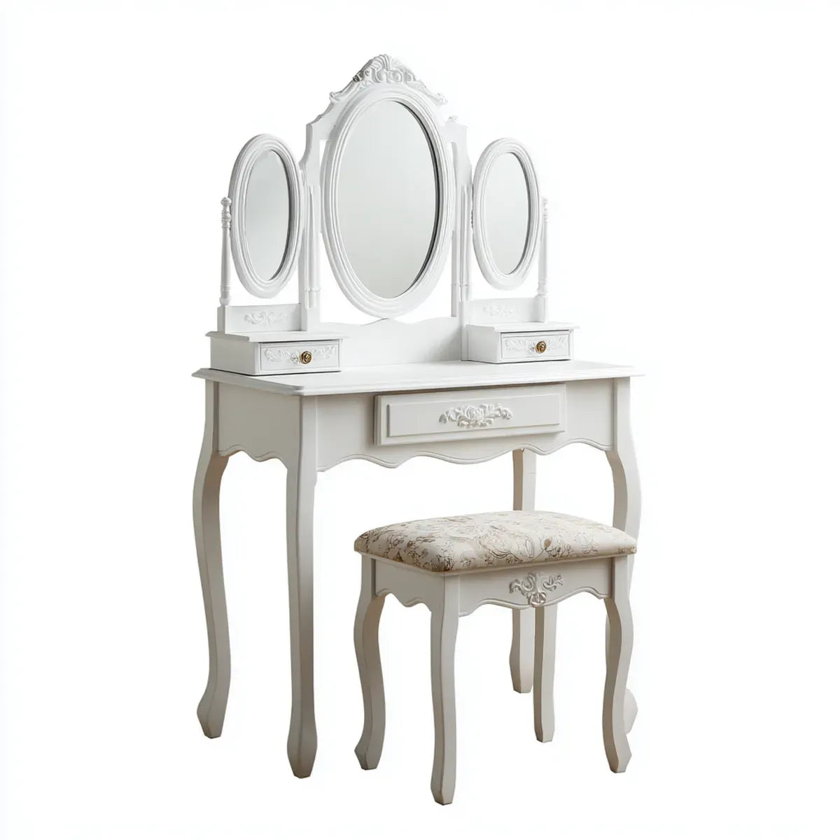 Coiffeuse avec miroir triptyque blanc 80 x 40 x 145 cm en MDF avec tabouret rectangulaire