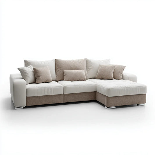 Canapé d'angle 3 places avec méridienne droite blanc et taupe 280 x 165 x 85 cm en polyester et polyuréthane