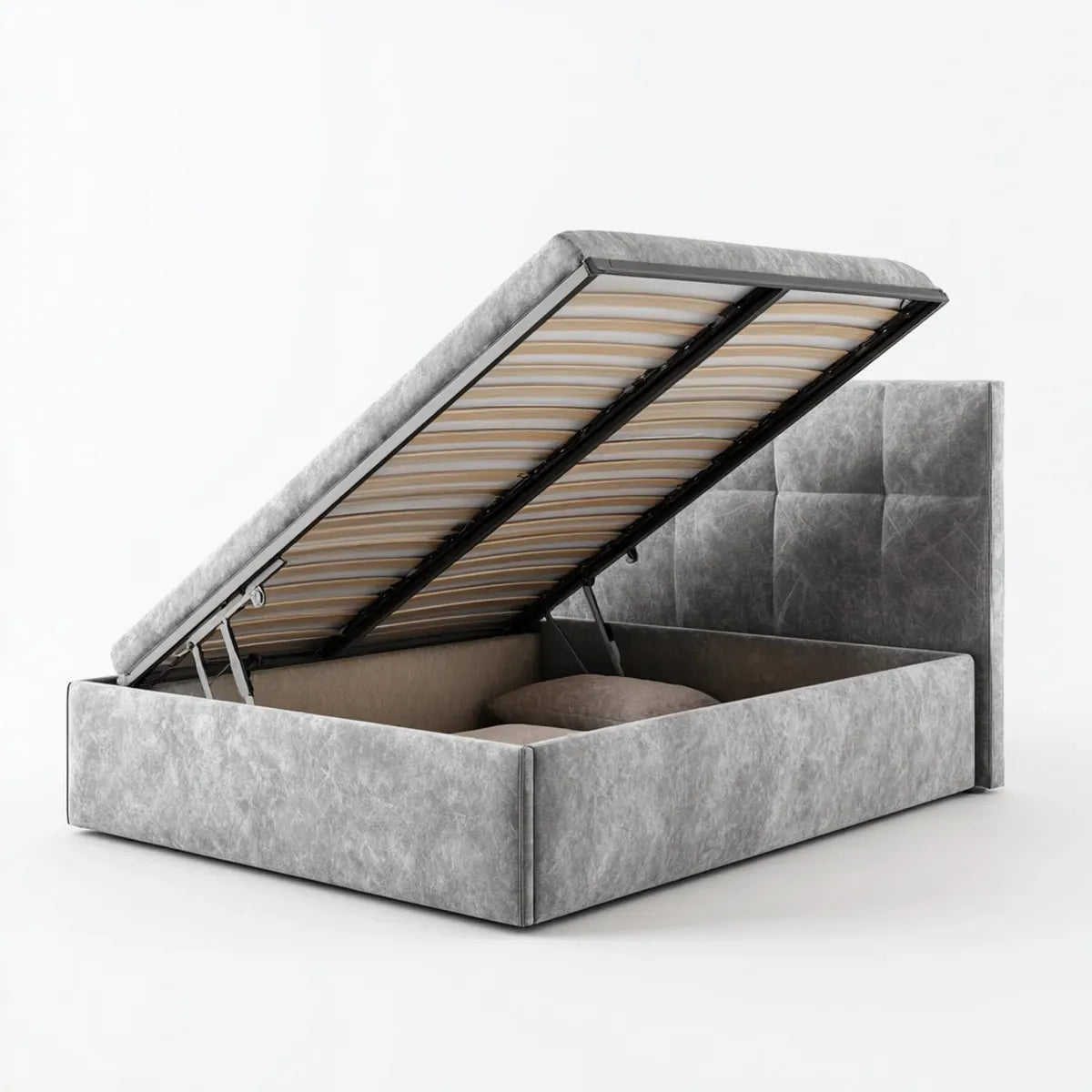 Lit coffre avec tête de lit gris 160 x 200 cm en polyester effet daim rectangulaire