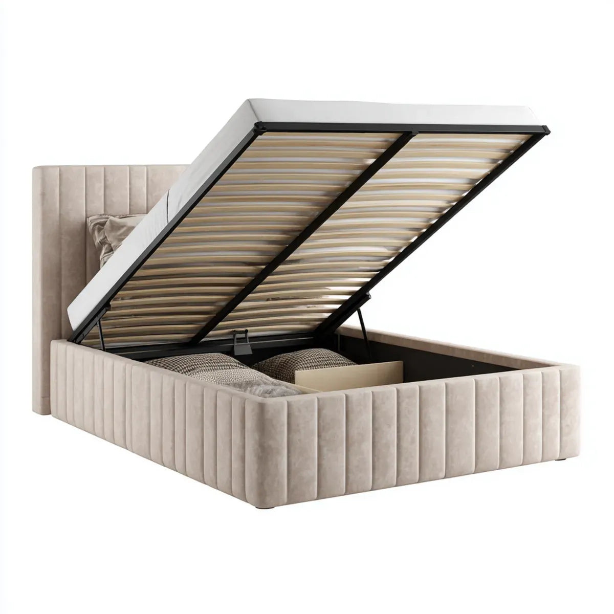 Lit coffre double beige en velours polyester avec tête de lit capitonnée rectangulaire 160 x 200 cm