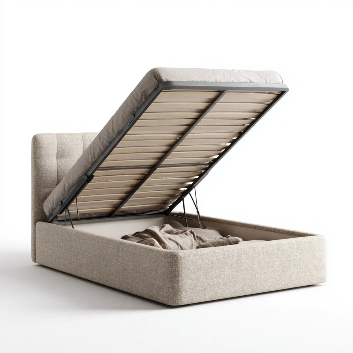 Lit coffre double beige 160 x 200 cm en polyester avec sommier relevable