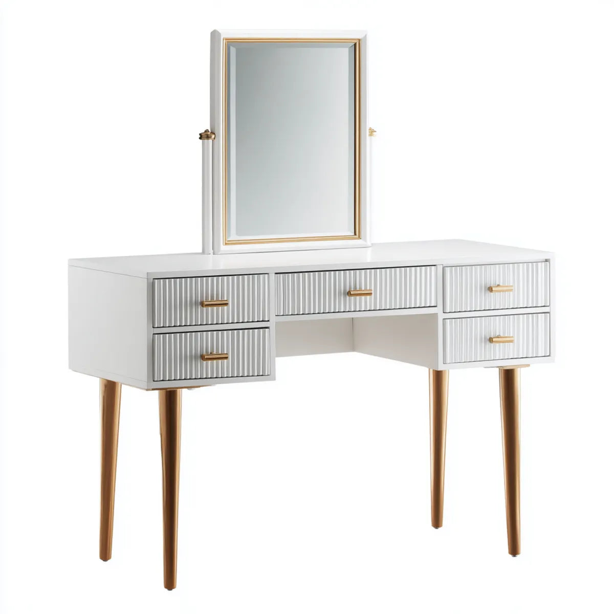 Coiffeuse avec miroir inclinable blanche et dorée 120 x 45 x 155 cm en MDF et verre rectangulaire avec 5 tiroirs