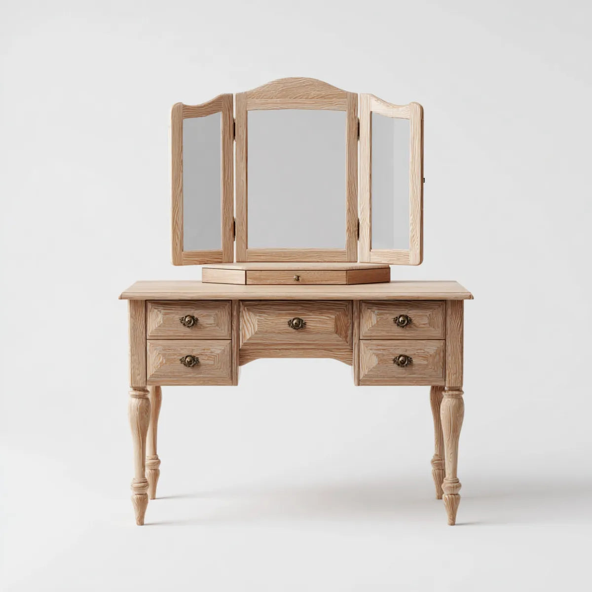 Coiffeuse avec miroir triptyque beige en chêne massif 120 x 45 x 150 cm
